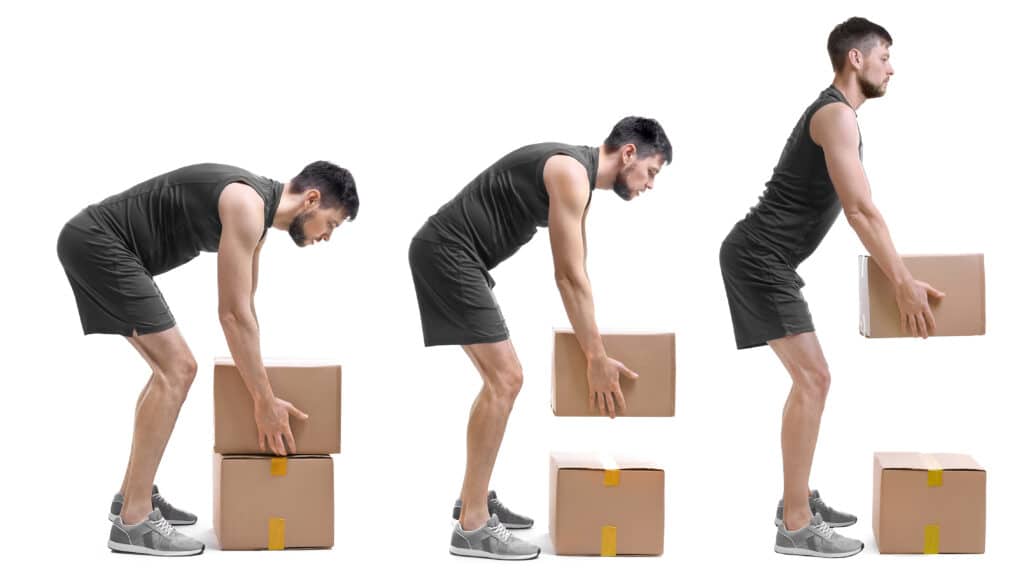 Rehabilitation concept. Collage of man with poor posture lifting heavy cardboard box on white background